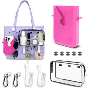 6 Packs,Accessories for Medium XL Bogg Bag,Includes Silicone Phone Holder,PVC Insert Bag,Hooks,and Keychain.Accessories Can Be Installed Inside or Outside (Rose red)