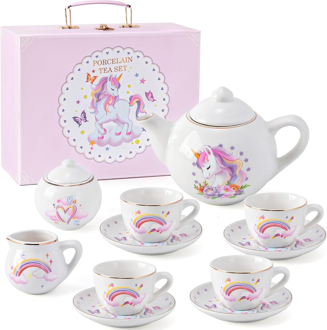 Tacobear Porcelain Tea Set for Girls Toys Unicorn Gift, 13pcs Tea Party Set with Teapot & Cup & Saucer & Suitcase, Kid Kitchen Pretend Playset Birthday Unicorn Toys for Girls 3 4 5 6-8