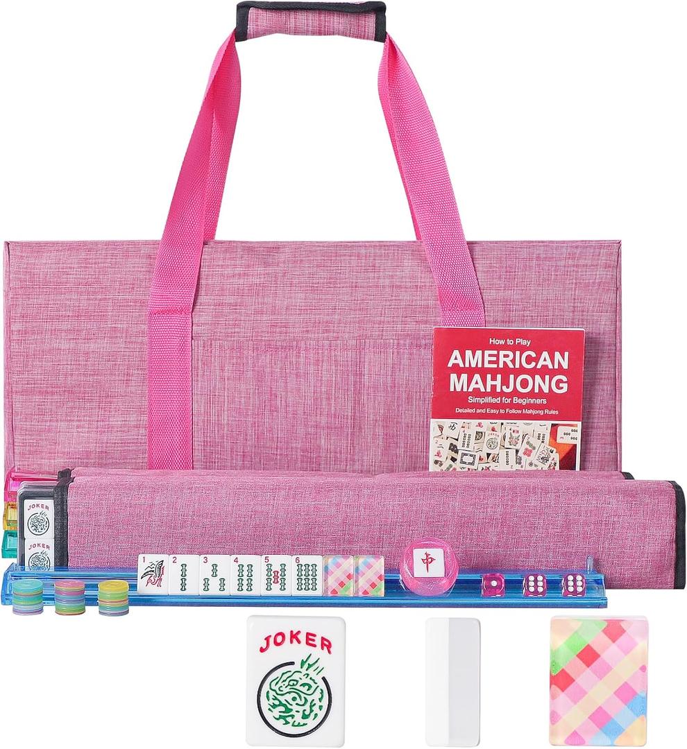 American Mahjong Set,166 Quality Acrylic Tiles with Colorful Prints, 4 All-in-One Color Rack/Pushers, Complete Mahjong Game Set with Carrying Bag
