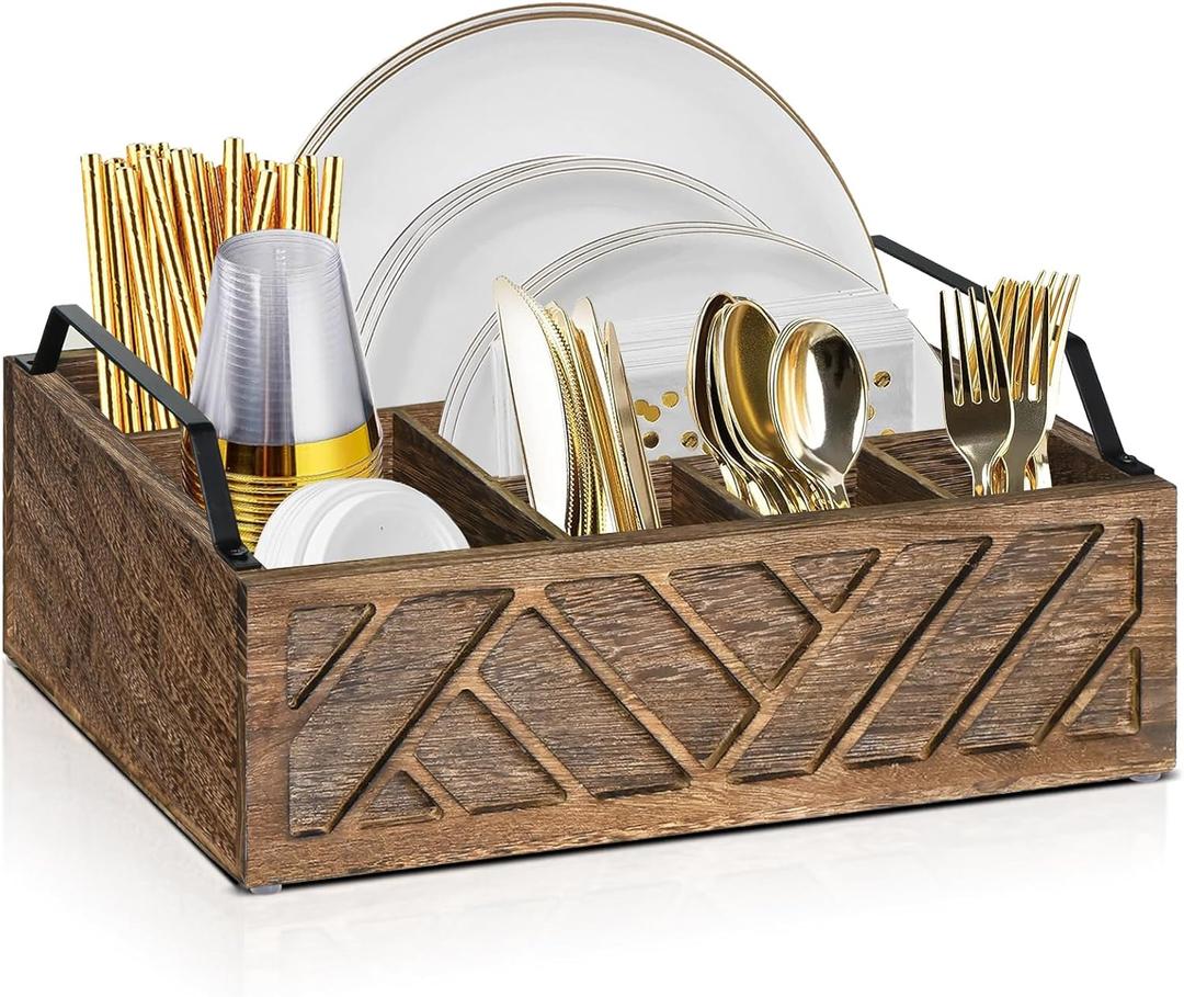 Flatware Organizers Paper Plate Dispenser with Handles, Paper Plate Holder for Kitchen Counter, Wood Rustic Silverware Utensil Caddy, Brown