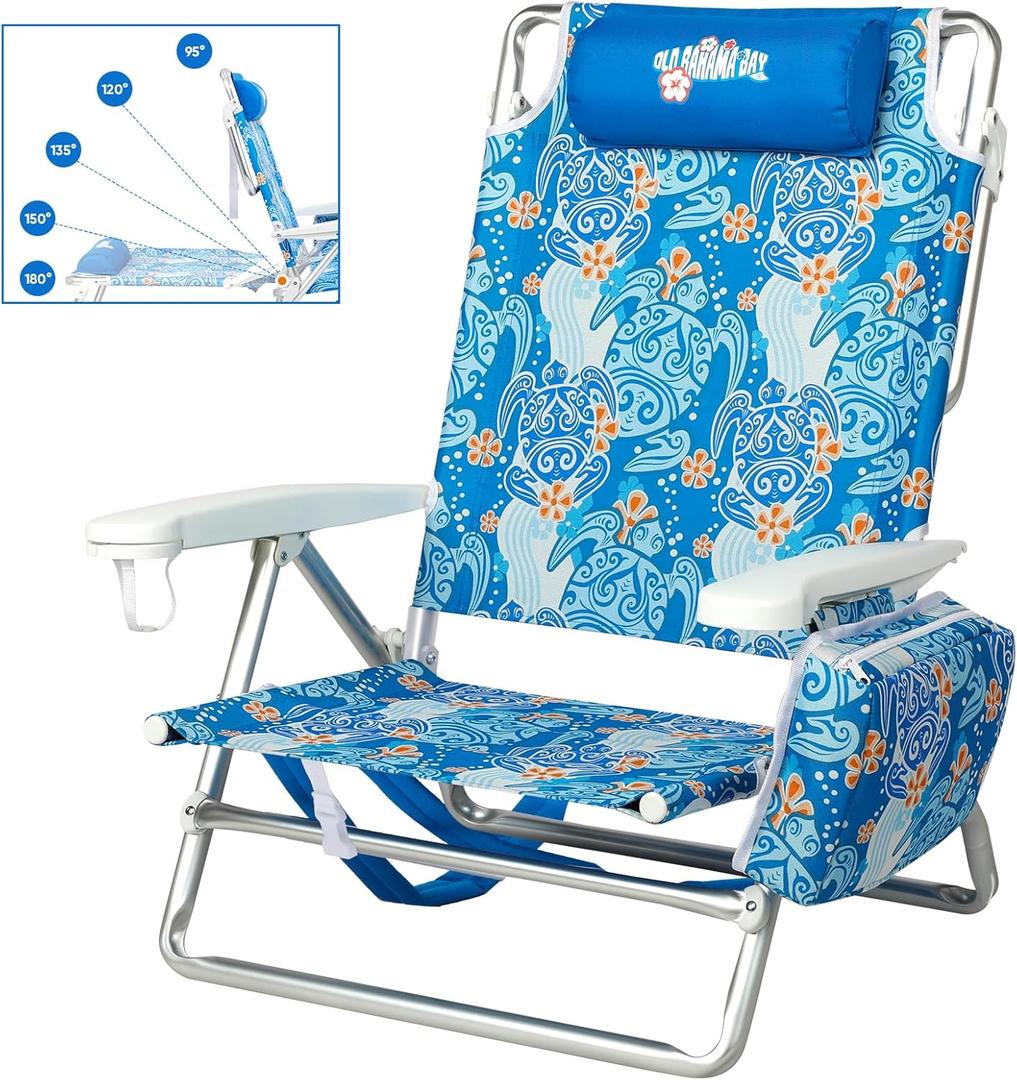 Reclining Beach Chair Backpack 5-Position Lay Flat Lounge Chair for Adults Heavy Duty Portable Folding Lightweight with Cooler Bag Camping Chair for Sand Outdoor (Max 400lbs-backpack, Blue Turtle)