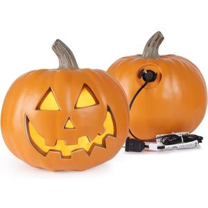 9" Jack-o'-Lantern - Halloween Light Up Pumpkin Lantern with ETL Certified Cord and 2 Safety Fuse - Indoor Outdoor JackoLantern Decoration for Halloween Party Home Décor - Round Lightened Pumpkin
