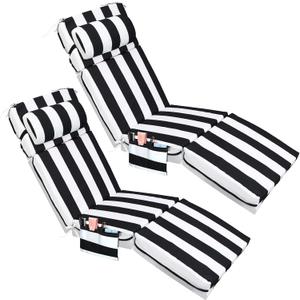 Wenqik 2 Pcs Outdoor Chaise Lounge Cushion with Pillow and Side Pocket Waterproof Lounge Chair Cushions with Pocket on Back 72 x 21 x 4 Inch Patio Replacement Pad for Pool Furniture(Black and White)