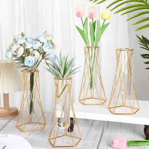 4 Pcs Gold Geometric Vase for Centerpieces Metal Flower Stand with Glass Cylinder Hydroponic Plant Flower Vase for Home Floor Office Wedding