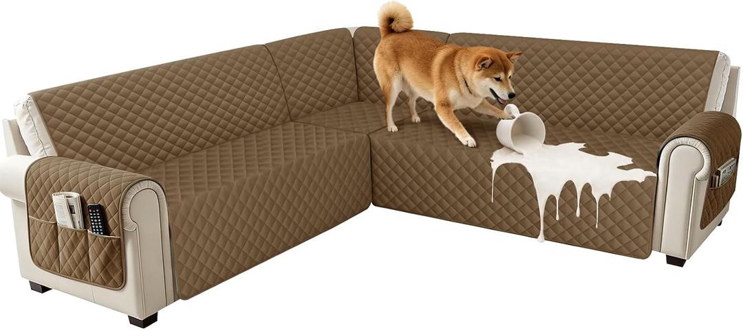U Shaped Sectional Couch Covers for L Shaped Corner Sofa Waterproof 6 Piece Washable Sectional Sofa Cover Non Slip Velvet Couch Slipcover Protector for Dogs Pets (Small, Light Brown)