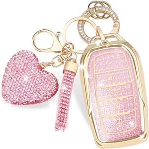 for Toyota Key Fob Cover with Heart Keychain for Women, Compatible with 2025 Camry 2019-2024 Venza, RAV4 Prime, Land Cruiser, Fortuner, Grand Highlander, Corolla Protector (4 Buttons-Pink)