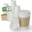 Disposable Coffee Cups with Lids & Sleeves 12 oz Paper Cups, 50 Pack To Go Hot Cups with Lids, BPA Free Thickened Leak Proof White Disposable Cups for Everyday Use Office Coffee Bar Supply Essentials