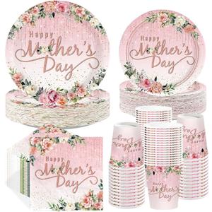 250Pcs Happy Mother's Day Party Supplies Pink Flowers Golden Plates and Napkins Golden Glitters Dots Floral Mom's Day Tableware Set for Thanks Mother Party Supplies, Serves 50
