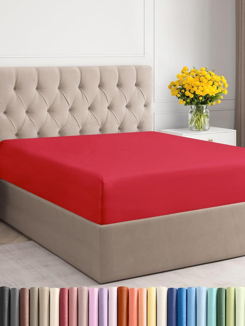 Twin XL Fitted Bed Sheet - Bottom Single Fitted Sheet Only - Ultra-Soft Hotel Luxury Bedding w/ 8-16 Inch Deep Pockets - Breathable, Cooling & Wrinkle Free - Easy-Care, Fade & Shrink Resistant - Red