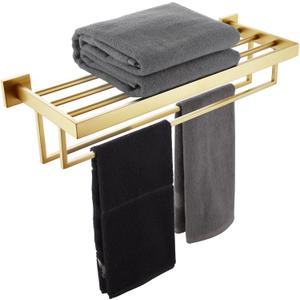 KOKOSIRI Towel Shelf Holder 24'' Bathroom Towel Rack with Two Bath Towel Bars Rails SUS304 Stainless Steel Wall Mount, Brushed Gold, B6003BG