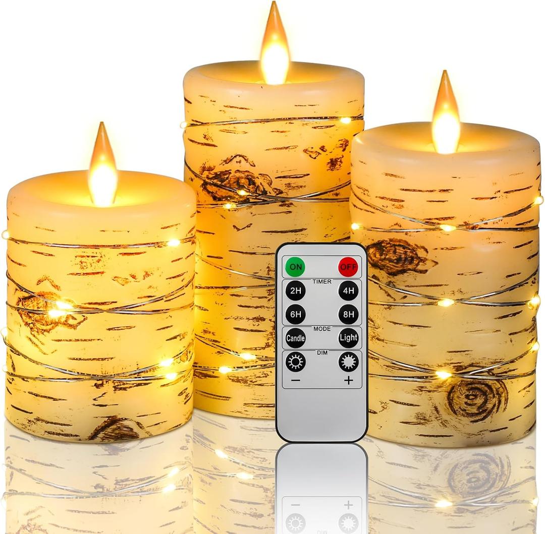 Flameless Candle LED Candles Hand Painted Birch Bark Effect Recessed Light String Candle Set of 3(H4,5,6") Ivory Real Wax Pillar Battery Operated Candles with Dancing LED Flame 10-Key Remote Control