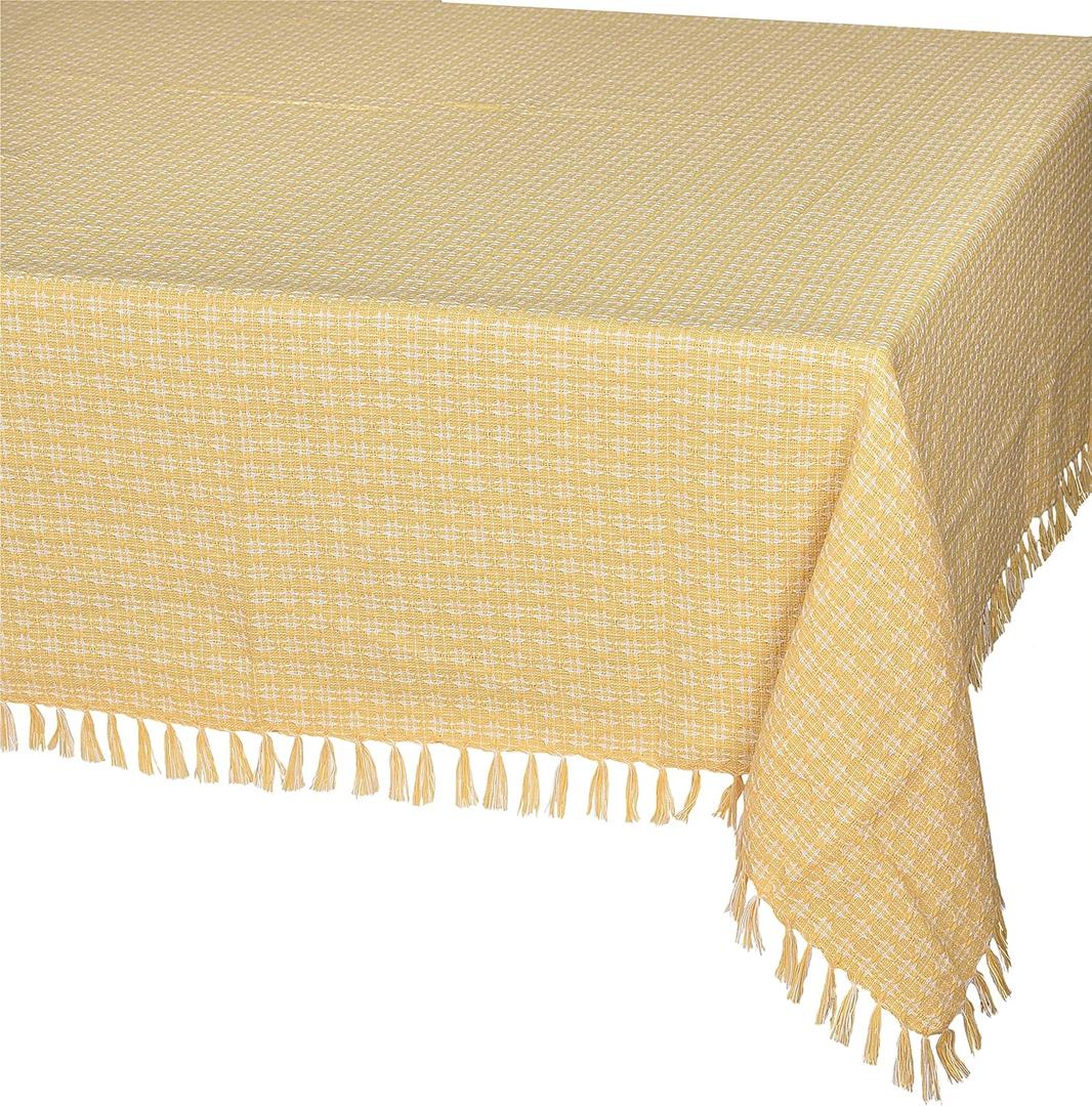 Table Cloth, Yellow/White Woven Fringed, 100% Cotton Table Cover, Size 60x102 Inch, Suitable for Formal Dining, Everyday Meals and Casual Occasions.