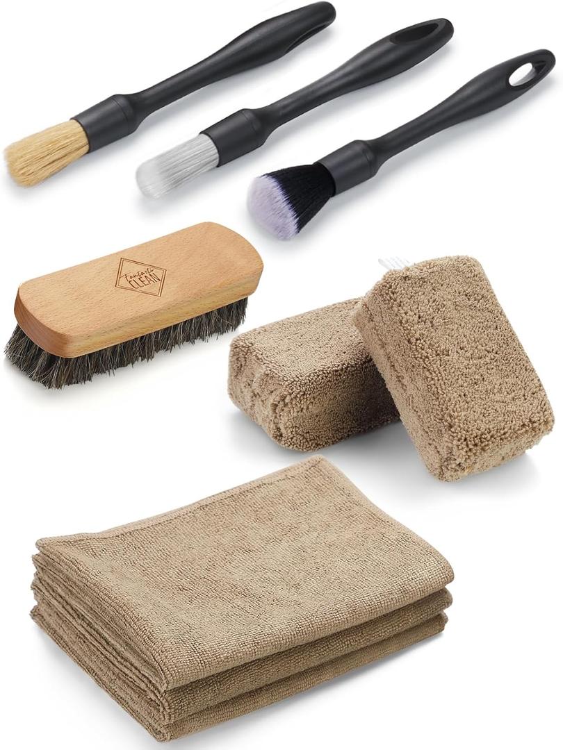Fantasticlean 9PCS Car Interior Detailing Set, Microfiber Cloth & Applicator, Single-Head Detailing Brushes, Natural Bristles, Scratch-Free & Ultra-Soft for Seats Leather Care or Cleaning (brown-ACS01)