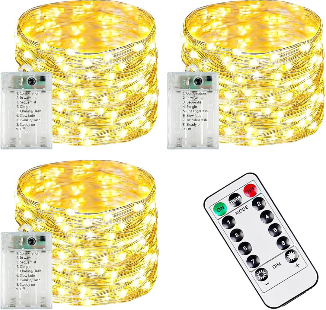 3-Pack 78FT 240 LED Fairy Lights Battery Operated with Timer & Remote, Waterproof Twinkle Lights Indoor Outdoor 8 Modes for Bedroom Centerpiece Wedding DIY Party Christmas Classroom Dorm Decoration (Warm White)