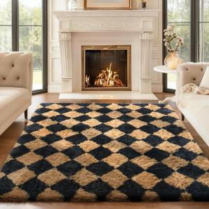 Ophanie Black & Beige Diamond Checkered Rugs for Living Room Bedroom, Rhombus Fluffy Soft Cute Fuzzy Area Rug, Plush Shaggy Bedside Floor 4x6 Furry Carpet for Kids Baby Teen Dorm Home Decor Aesthetic