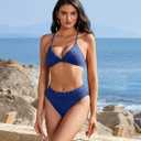 SUUKSESS Women Sexy Triangle Bikini Sets Textured High Cut 2 Piece Bathing Suit (Blue, M)