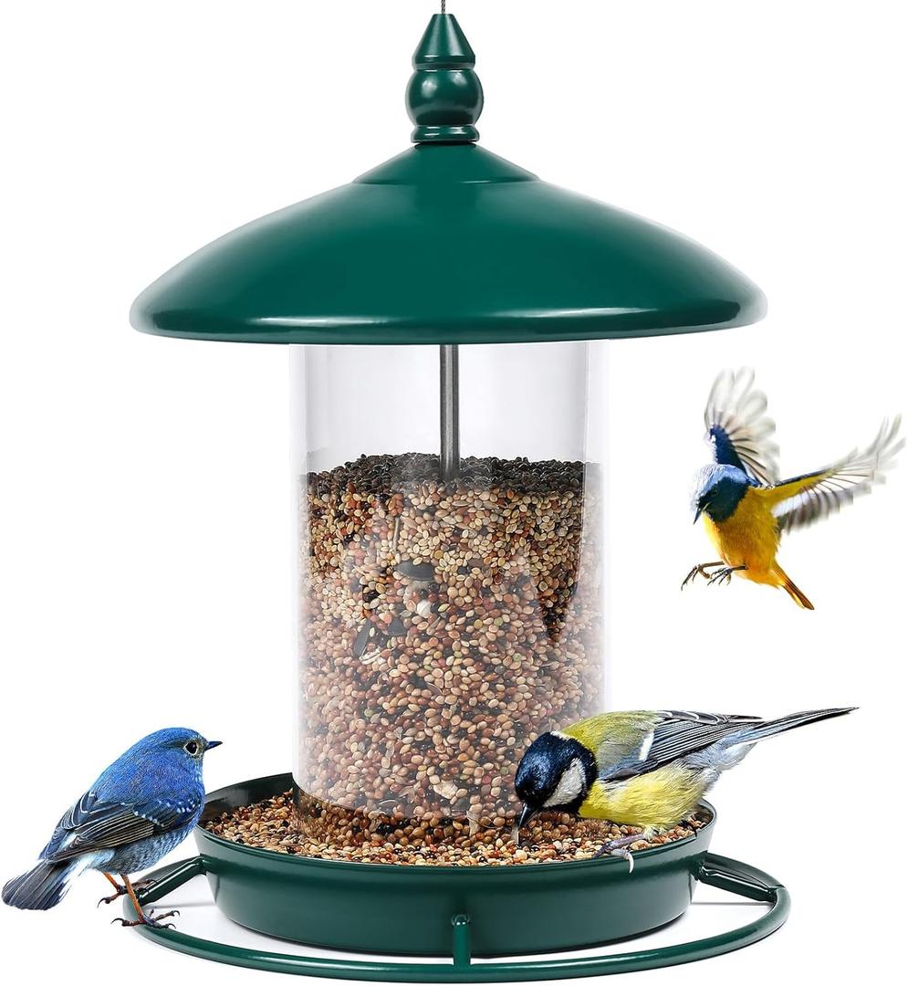 Bird Feeders for Outdoors - Metal Roof Chew Proof, 360 Feeding Perch - Wild Bird Feeders for Garden Yard. Green
