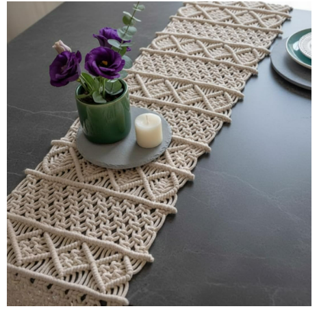 Hastvikas Handmade Macrame Table Runner | 14 x 72 Inches | 100% Cotton Boho Décor | Handmade by Women in Uttar Pradesh, India | Rustic Wedding, Party & Table Decoration (White)