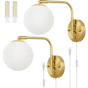 VATONI Dimmable Wall Sconces Plug in, Swing Arm Wall Lights with Plug in Cord and Dimmer On/Off Knob Switch, Dimmable Wall Light with Milky White Glass Globe Shade(2 Bulbs Included)