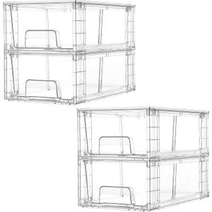 Vtopmart 4 Pack Stackable Storage Drawers,Clear Acrylic Drawer Organizers with Handles, Easily Assemble for Fridge, Bathroom,Kitchen Undersink,Cabinet,Pantry Organization and Storage