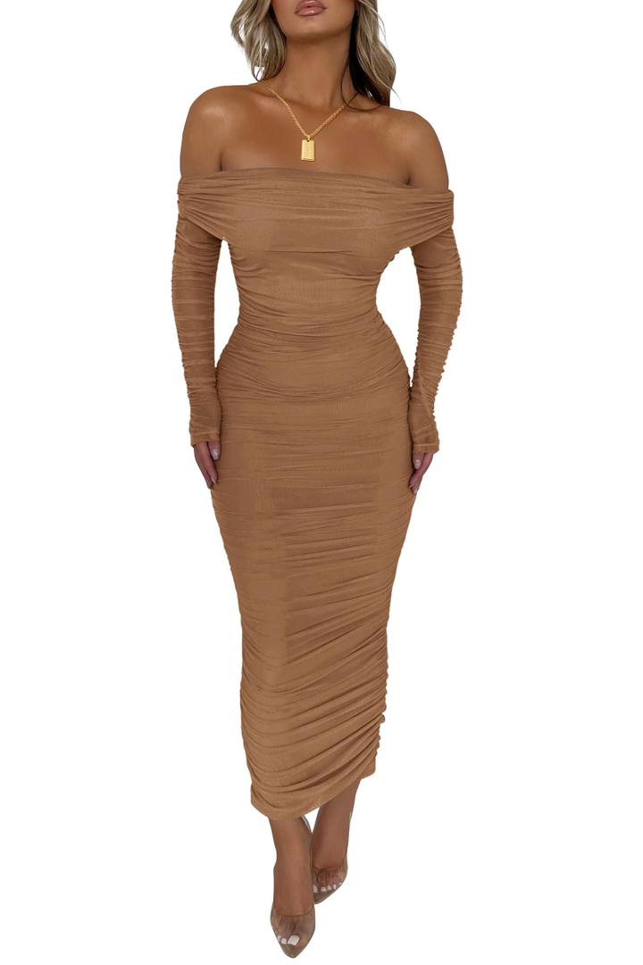 PRETTYGARDEN Women's Fall Off The Shoulder Maxi Dress Spring Long Sleeve Ruched Fitted Bodycon Club Dresses with Slit Small
