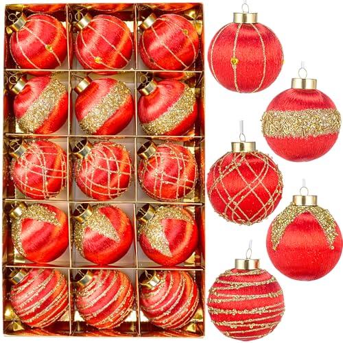 15 Pack 3.15" Fancy Christmas Tree Ornaments Set Large Christmas Baubles for Festive Decor Velvet Shatterproof Ornaments for Tree with Assorted Styles Satin Great as Christmas Ball Bulk Red