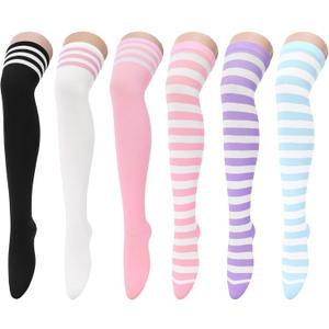 Zando Women's 6-Pack Cotton Thigh High Over Knee Socks - Striped Boot Socks & Leg Warmers for Daily, Sports, Cosplay, One Size