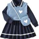 Toddler Girl Long Sleeve Button Down Collared Shirt Dress Sleeveless Vest Sweatshirt with Cute Bag 3 Pieces Outfits (4-5T, Navy Blue)