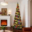 JOYHALO Pre Decorated Pop Up Christmas Tree 7ft with 200 Warm White and Multicolor Lights, Easy Setup Artificial Folding Pre Lit Tinsel Christmas Tree, Collapsible Xmas Tree for Holiday Party Golden