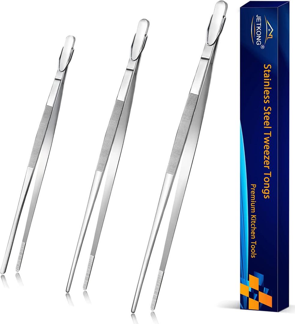 JETKONG Extra Long Kitchen Tweezers Heavy Duty Stainless Steel Cooking Tweezers, Set of 3 (9 12 14 Inch, Silver)