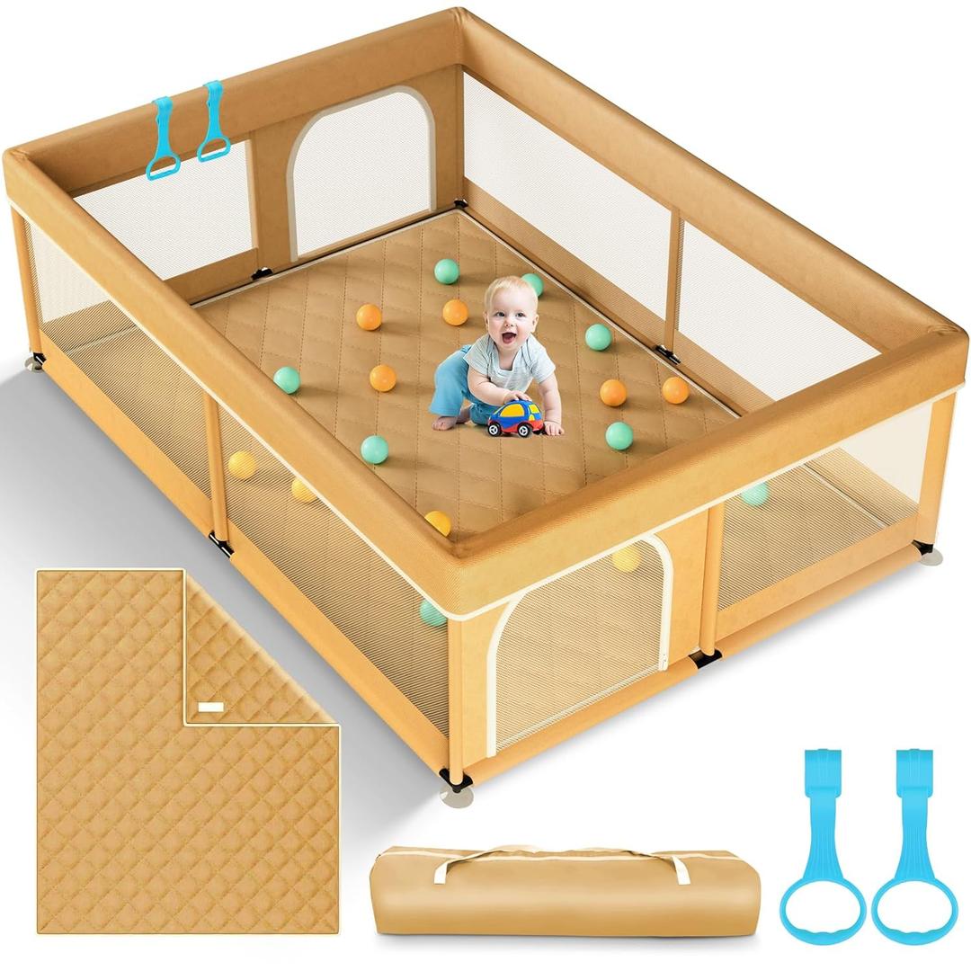 Omzer Baby Playpen with Mat 71"59" - Extra Large Playpen for Babies and Toddlers with Mat Included, Safety Playard for Baby with Gate, All-Wrapped Soft Sponge Baby Gate Playpen with Stable Mat Velcro (Beige)