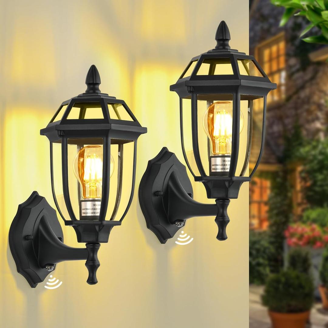 Dusk to Dawn Outdoor Lighting Fixtures, Sensor Exterior Porch Lights, Black Outdoor Wall Sconce with E26 Sockets, Waterproof Outside Wall Lights for House Doorway Garage, 2 Pack