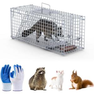 26" Live Animal Cage Trap, Heavy Duty Folding Raccoon Traps with 1x Pair of Gloves, Humane Cat Trap Galvanized Steel Animal Live Trap Cage for Raccoons Beavers Groundhogs Foxes Armadillos