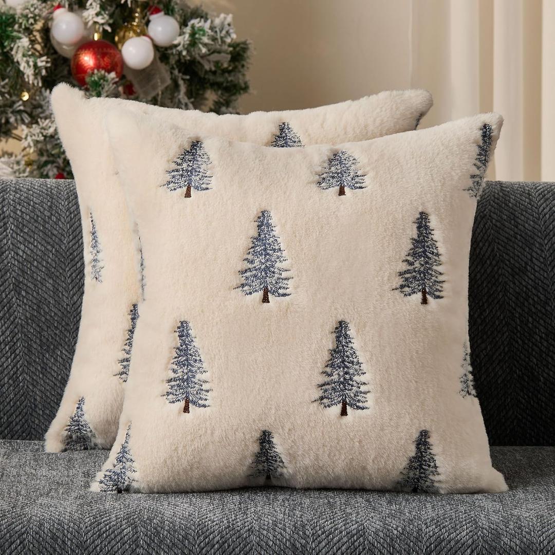 DFXSZ Christmas Pillow Covers 18x18 inch Set of 2 Blue Embroidered Christmas Tree Decoration Beige Soft Plush Faux Fur Jacquard Throw Pillows for Bedroom Sofa Holiday Winter Home Decor PTK071A18