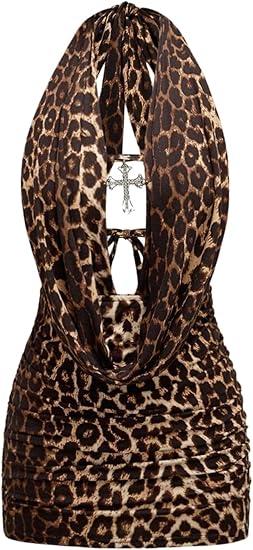 SOLY HUX Women's Leopard Halter Mini Dress Cheetah Print Deep V Neck Draped Sleeveless Ruched Bodycon Party Club Dresses