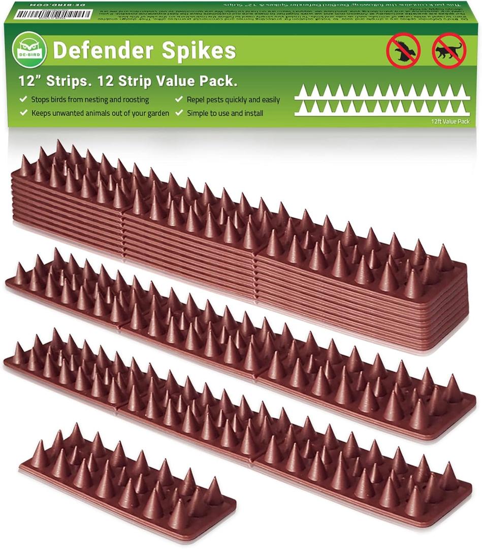 De-Bird Defender Spikes, 12 Pack Bird Deterrent, Squirrel Spikes, Anti Climb Spikes, Keep Cats Raccoon Pigeon Away, Easy Install Bird Spikes Strips, 12 Foot