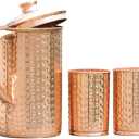 100% Pure Copper Pitcher 50.72 Oz / 1500 ml With 2 Tumblers | Drinking Water Hammered Pitcher With Glasses | Copper Jug Set With Lid & Cups | Handle Water Bottle | Ayurveda Health Benefits