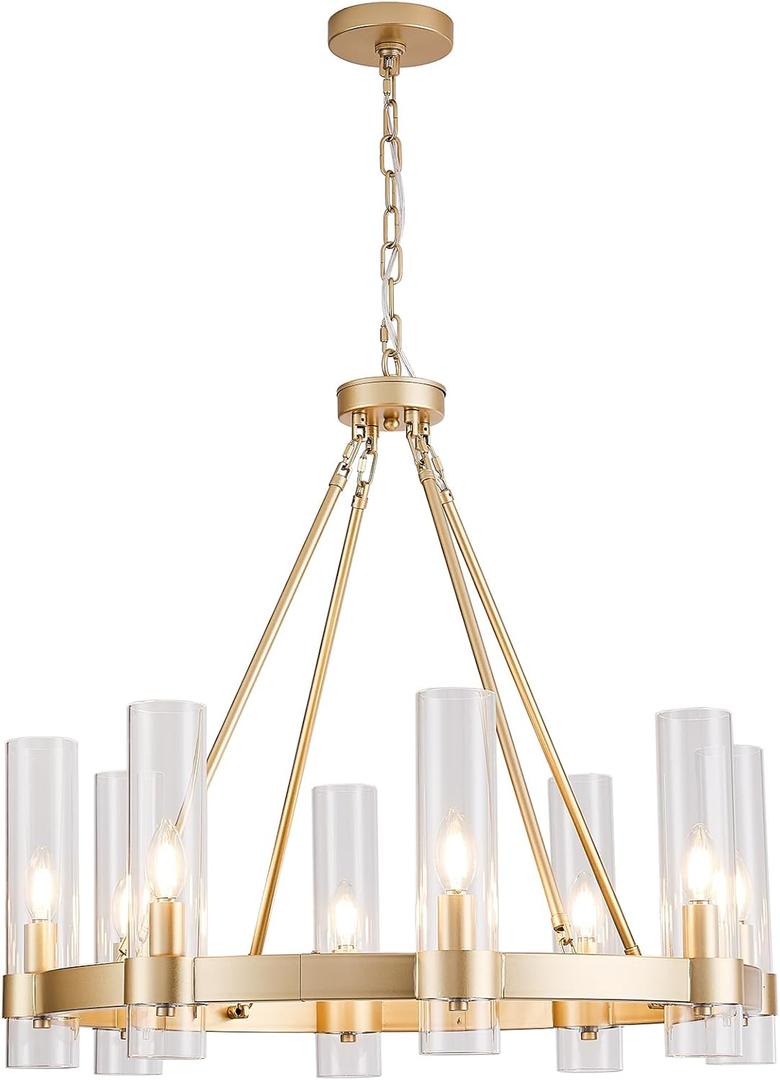 Wagon Wheel Chandelier 8-Light Glass Pendant Light, Industrial Modern Golden Pendant Light, Suitable for Living Room Lighting Fixtures, Dining Rooms, Halls, Lobbies, Bedrooms
