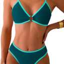 Fanuerg Women's Triangle Bikini Sets Circle Ring Linked Two Piece Swimsuit Color Block Cheeky Bathing Suits (Blue Green, XS)