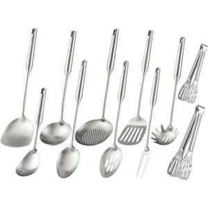 18/10 Stainless Steel Kitchen Utensils Set - 15 All Metal Cooking Tools, 11PCS - 2 Tongs, Fork, Solid Spoon, Slotted Spoon, Spatula, Soup Ladle, Skimmer, Slotted Spatula, Spaghetti Spoon, Large Spoon