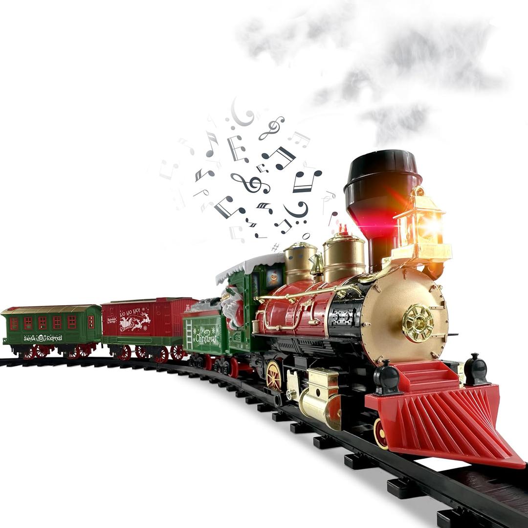 Christmas Train Set for Under The Tree with Lights, Music, Sounds, and Steam  Electric Train with On/Off Button, Smoke, Tracks  Perfect Holiday or Birthday Gift for Boys, Toddlers Ages 3+ Year Olds
