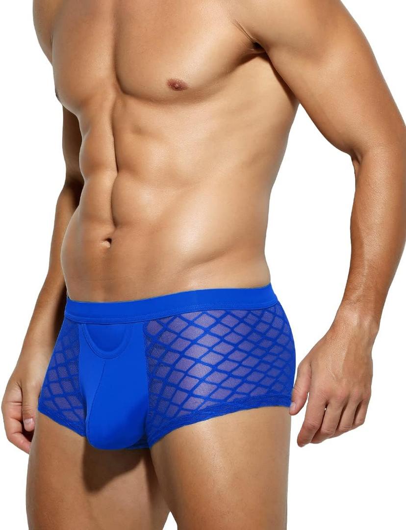 Arjen Kroos Men's Underwear Sexy Breathable Mesh Boxer Briefs Trunks with Open Fly Pouch (X-Large, Dark Blue)