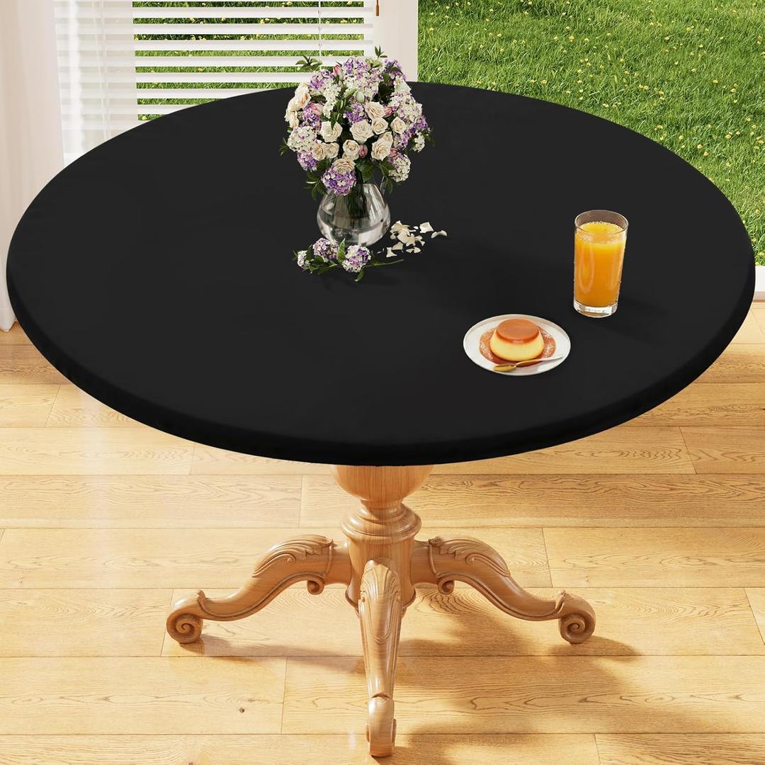 homing Round Elastic Fitted Tablecloth, Water-Resistant Fabric Tablecloths for 45"-56" Tables, Washable Polyester Table Cover for Picnic, Caming, Dinner, Indoor & Outdoor, Black