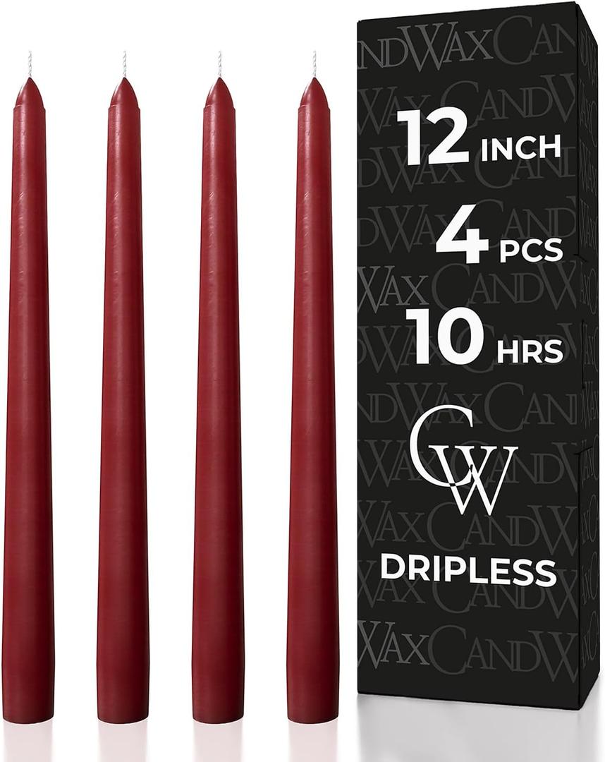 CANDWAX 12 inch Burgundy Taper Candle Pack of 4 - Unscented Smokeless Dripless Candlesticks - Candle Sticks for Party Dcor, Christmas Home Decor, Dinner Table Centerpieces - Christmas Taper Candles