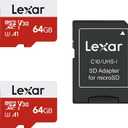 Lexar 64GB Micro SD Card 2 Pack, microSDXC UHS-I Flash Memory Card with Adapter - Up to 100MB/s, U3, Class10, V30, A1, High Speed TF Card (2 microSD Cards + 1 Adapter)