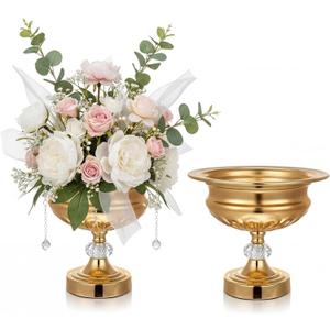 2 Pcs Gold Metal Vases for Centerpieces Crystal Gold Compote Vase Footed Wedding Elegant Centerpieces Compote Bowl Decorative for Anniversary Ceremony Tables Birthday Party