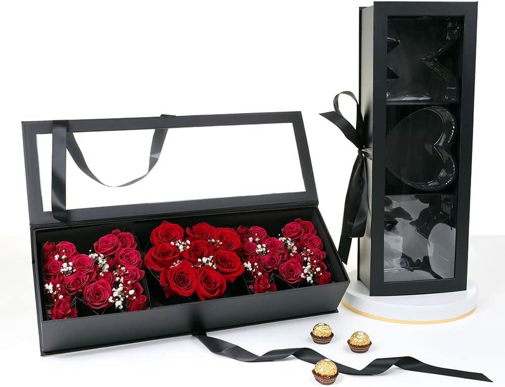 UNIKPACKAGING MOM Flower Gift Letter Shaped Fillable Box, with Plastic Liner, Size 22 x 8 x 4 inches, for Luxury Style Flower and Gift Arrangements (Black)