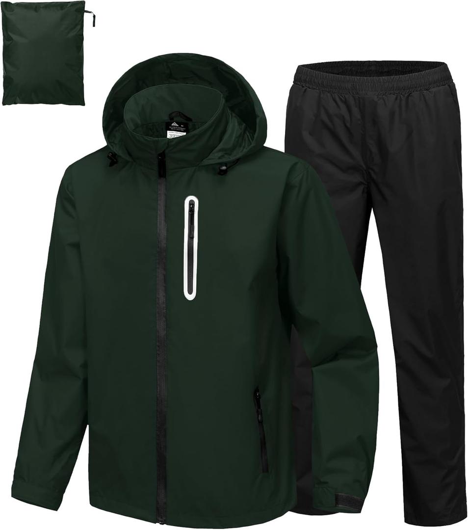 Men's Waterproof Golf Rain Suit Rain Gear Jacket and Pant Outdoor Lightweight Hooded Raincoat (Large, Dark Green)