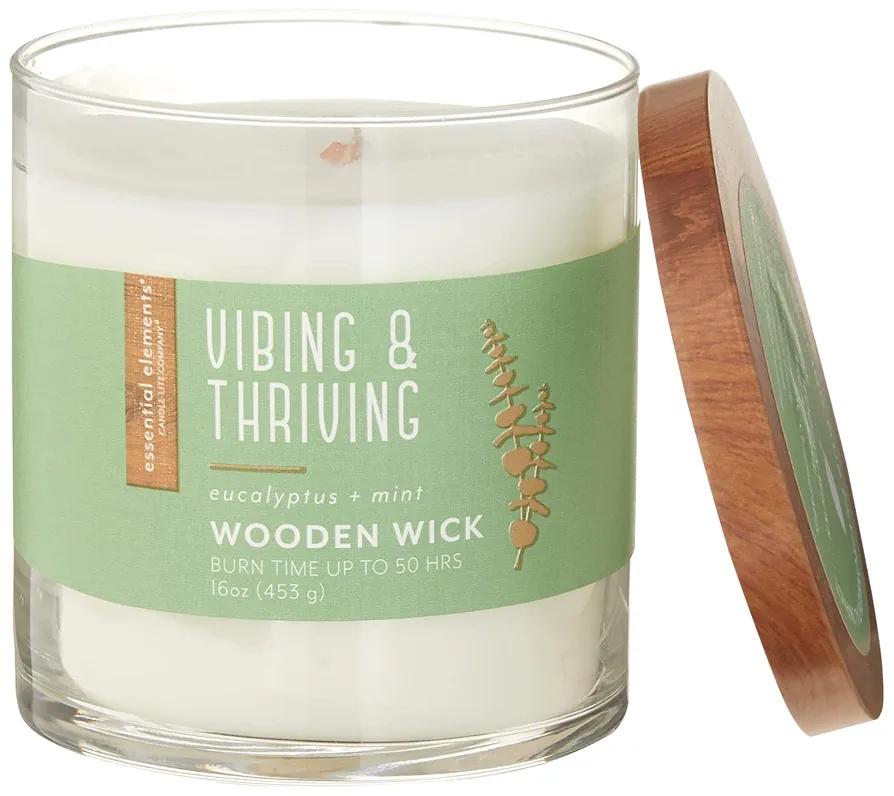Essential Elements by Candle-Lite Company Wood Wick Scented Candle, Vibing & Thriving, One 16 oz. Single-Wick Aromatherapy Candle with 50 Hours of Burn Time, White