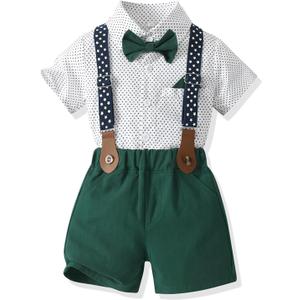 Volunboy Baby Boy Formal Short Set Toddler Summer Gentleman Outfit Kid Short Sleeve Bowtie Shirt Suspender Shorts Suit (12-18 Months, Greenpolka)